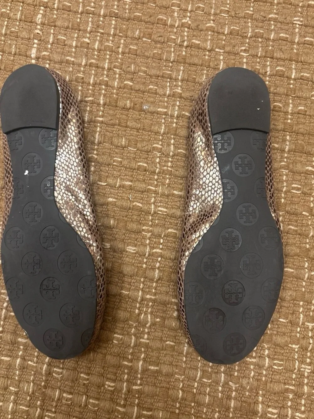 Tory Burch Rose Metallic Snake-Effect Logo Ballet Flats